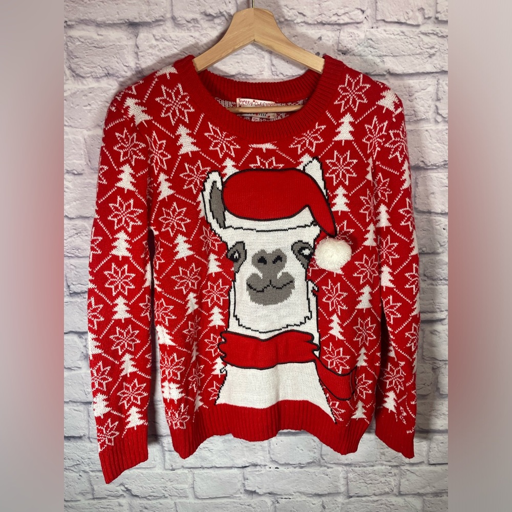 Poof Llama knit ugly Christmas sweater small red and white